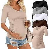Riyiper 5 Pack Women's Maternity Shirts V Neck Half Sleeve Maternity Tops Side Ruched Casual Tee Pregnancy Clothes