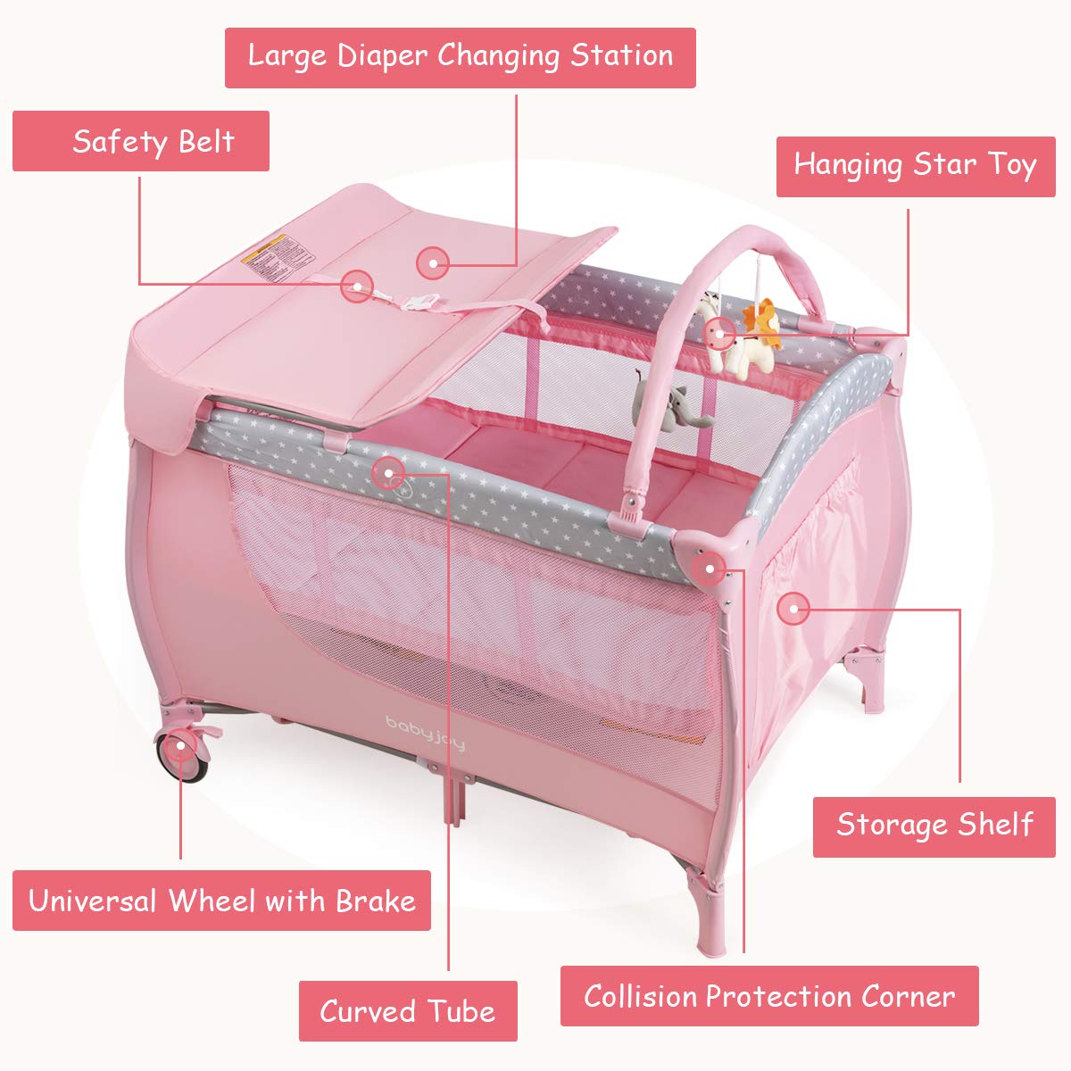 BABY JOY 3 in 1 Pack and Play, Foldable Baby Travel Crib with Bassinet, Changing Table, Brake Wheel, Convertible, Newborn Napper with Storage Shelf, Oxford Carry Bag, Portable Baby Playard