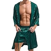 AMY COULEE Mens Silk Robe with Shorts 2 Pcs Satin Boxers Hooded Bathrobe Sexy Pajama Set Half sleeve Sleepwear