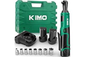 K I M O. KIMO Cordless Electric Ratchet Wrench Set, 40Ft-lbs, 400RPM, 12V Cordless Ratchet Wrench 3/8" w/ 60-Min Charger, 7Sockets, 1/4" Adapter, Forward/Reverse Switch, 2x2.0Ah Battery, Variable Speed Trigger