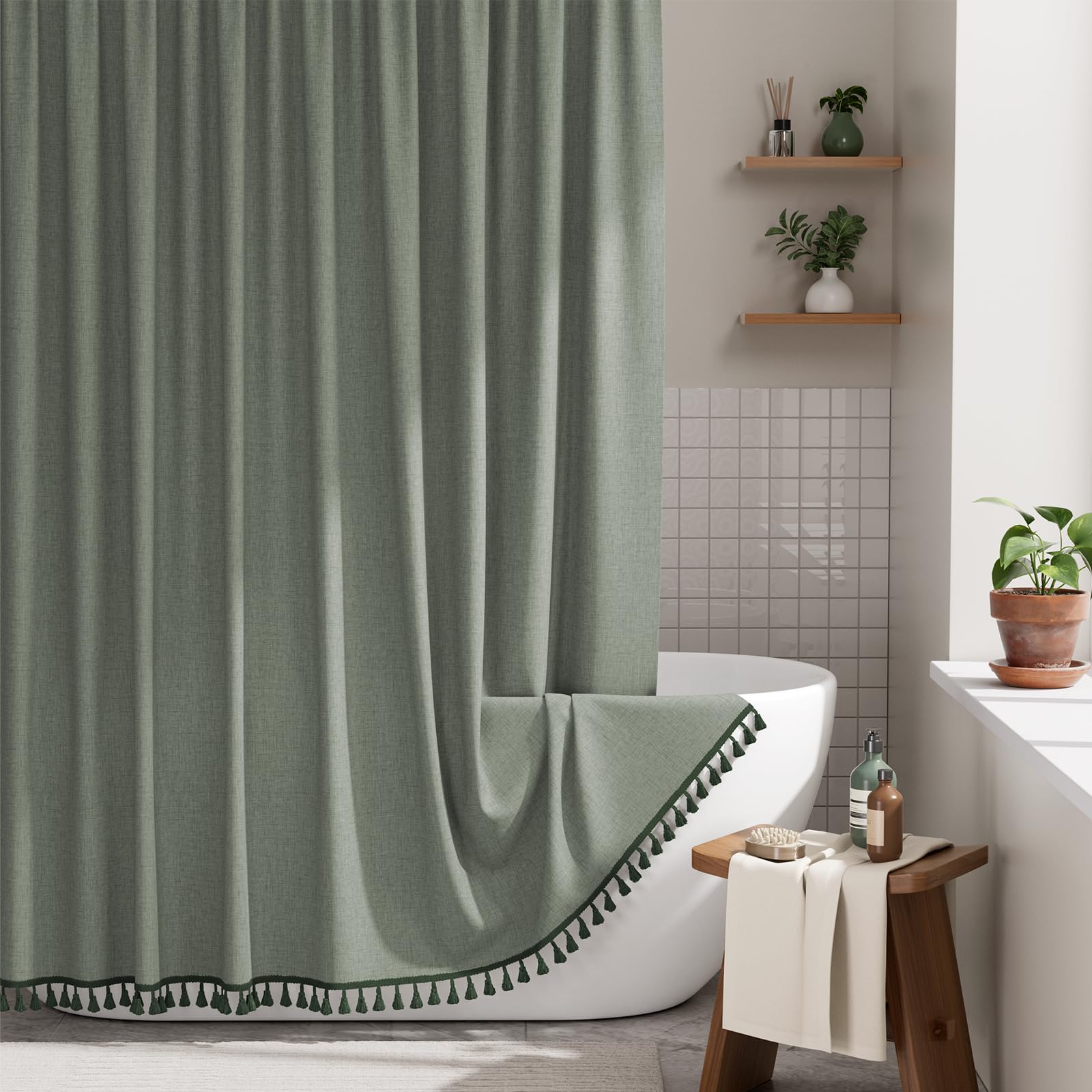 Photo 1 of AmazerBath Boho Shower Curtains for Bathroom, Farmhouse Shower Curtain with Tassels, Sage Green Shower Curtain Set, Faux Linen Fabric Shower Curtain with 12 Hooks, Hotel Quality, 72x72 Inches