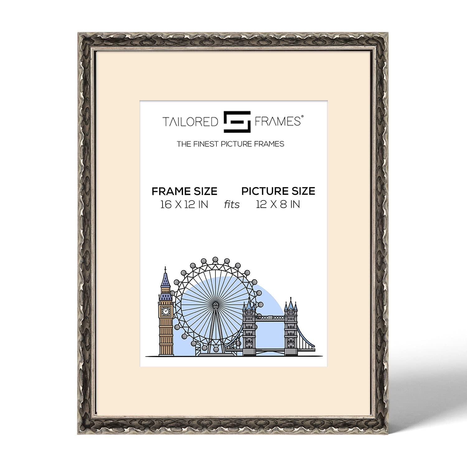 Tailored Frames Vienna Silver 16" X 12" Frame for 12" X 8" Picture | Rustic Style Vintage Single Picture Frame | Wall Hanging Type | Photo Frame with Antique Mount