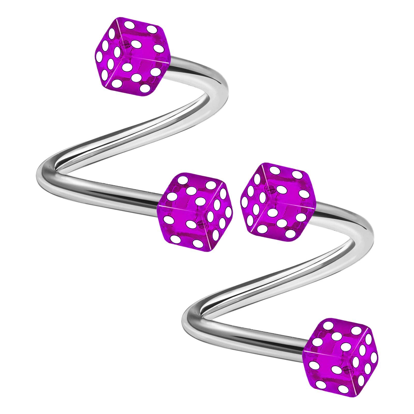 2PCS Surgical Steel Purple Spiral Barbell 14g 3/8 10mm 4mm Dice Acrylic Rim Helix Earrings Eyebrow Piercing Jewellery 3211