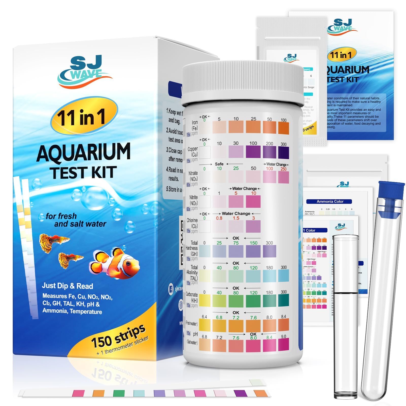 Photo 1 of 11 in 1 - Aquarium Test Strips | 950 Tests - 150 Strips | Fish Tank Aquariums Water Test Kit & ebook | Aquarium Thermometer | Fish Tank Water Testing Kit Includes 50 Ammonia Strips | Versatile Usage