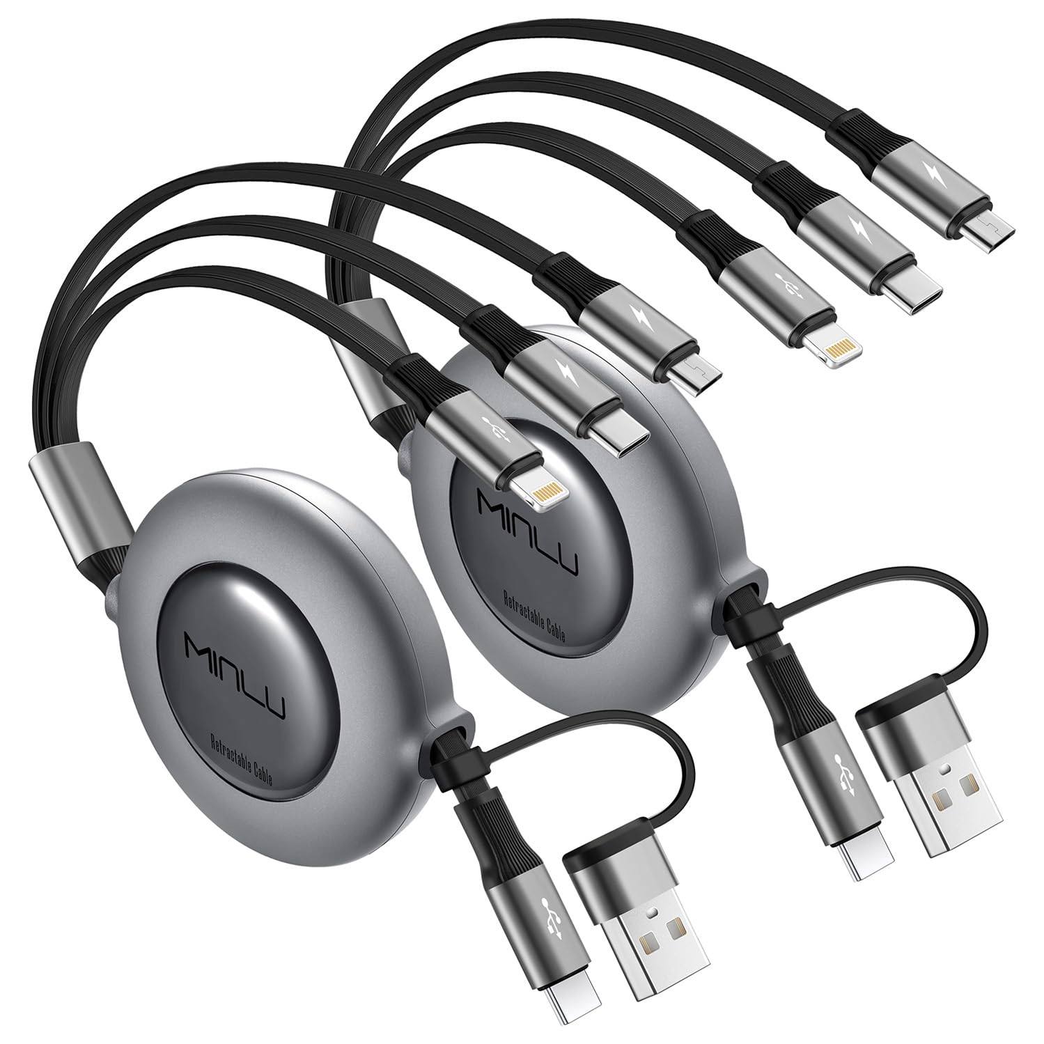 Photo 1 of MINLU 3 in 2 Multi Charging Cable,2Pack 4Ft Retractable Chargers for All Devices,Multiple USBC Charger Cable Adapter with USB A/C to Lightning/USB C/Micro USB Port for iPhone 17/16/15/14/Samsung/PS