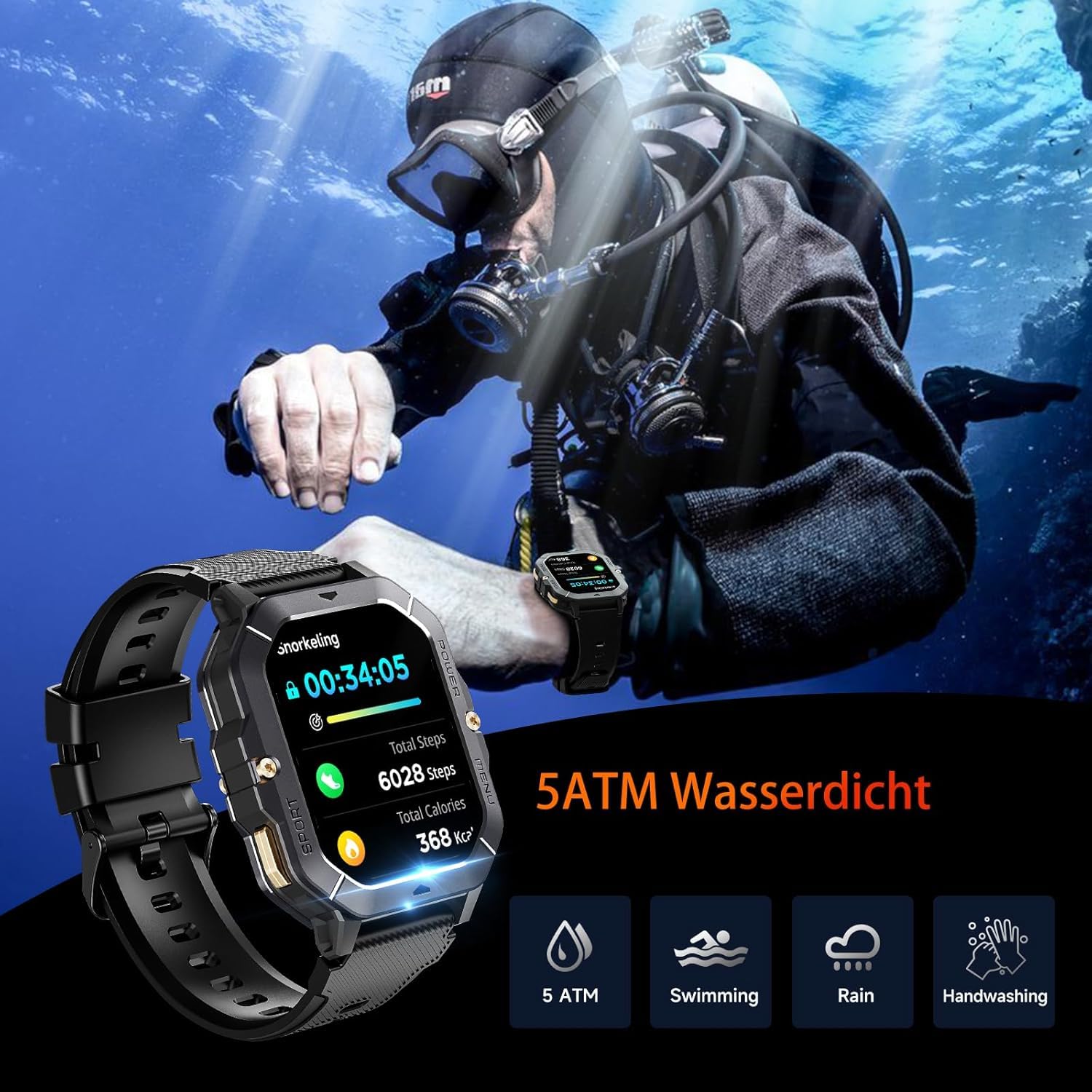 OUKITEL Smartwatch Men's 2.02 Inch Military Fitness Watch with Bluetooth Calls, Rugged Smart Watch Waterproof 410 mAh Sleep 100+ Sports Mode Pedometer for Android iOS