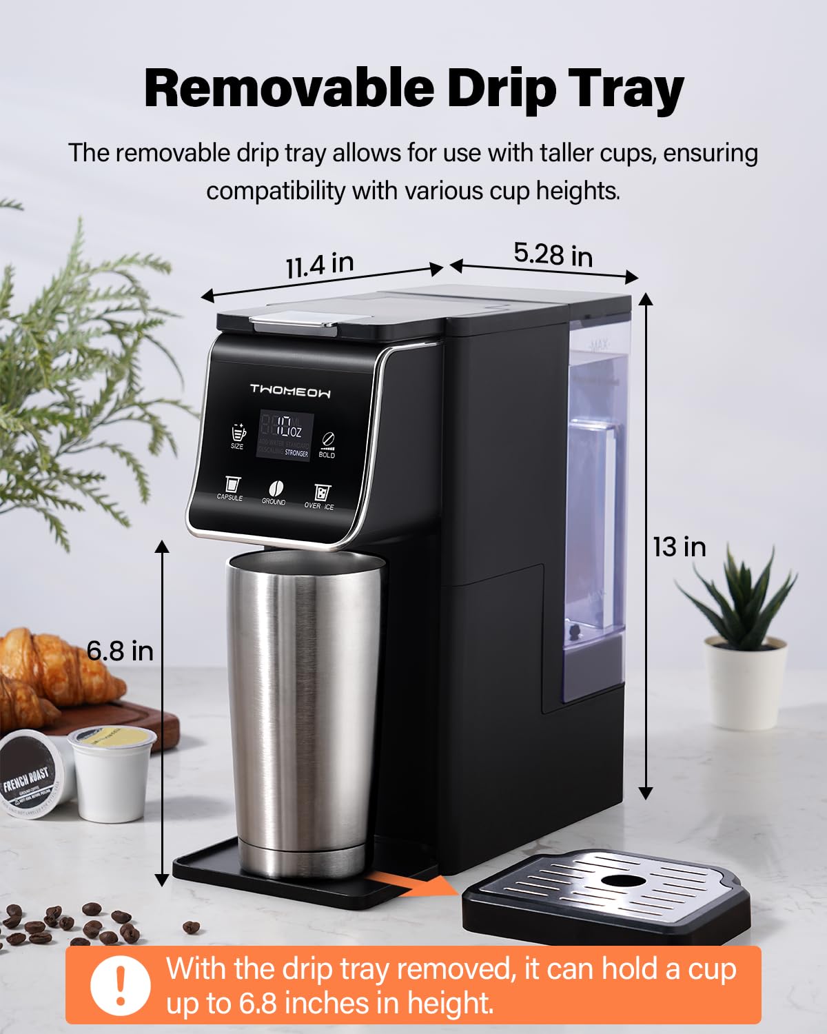 Coffee Maker Hot & Iced With Bold Setting,Single Serve Coffee Maker For K Cup And Grounds,52 Oz Removable Water Tank,6-14 Oz Brew Sizes,One Cup Kcup Coffee Machine With Reusable Filter,(Black)