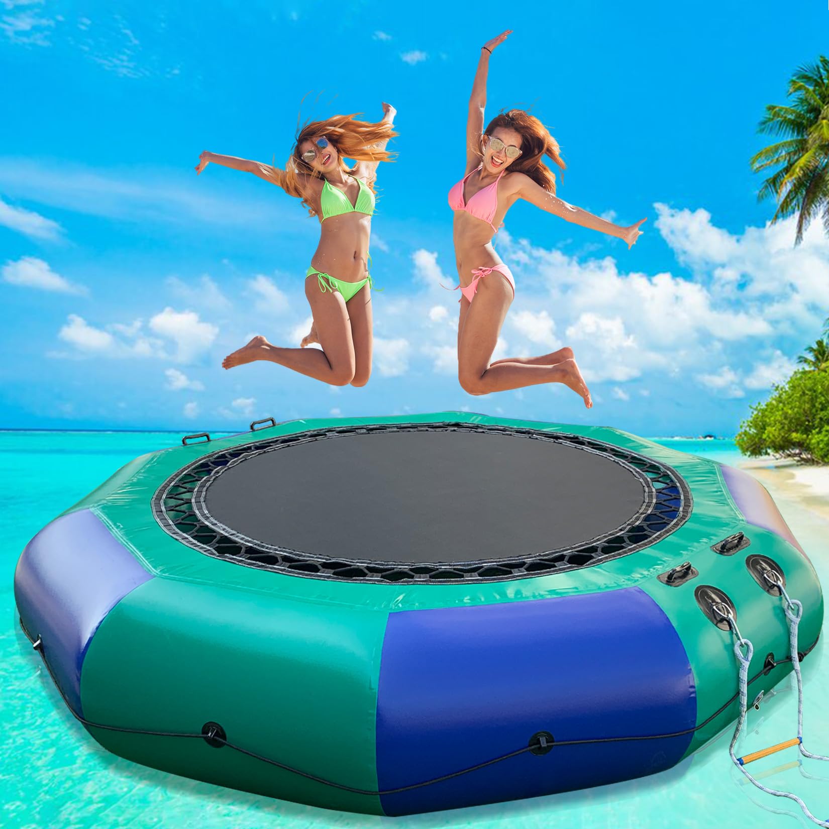 Photo 1 of Inflatable Water Trampoline for Lake,10FT/12FT Floating Water Trampoline for Adults Portable Bounce Swim Platform with Electric Pump and Rope Ladder (Blue+Green, 10FT)