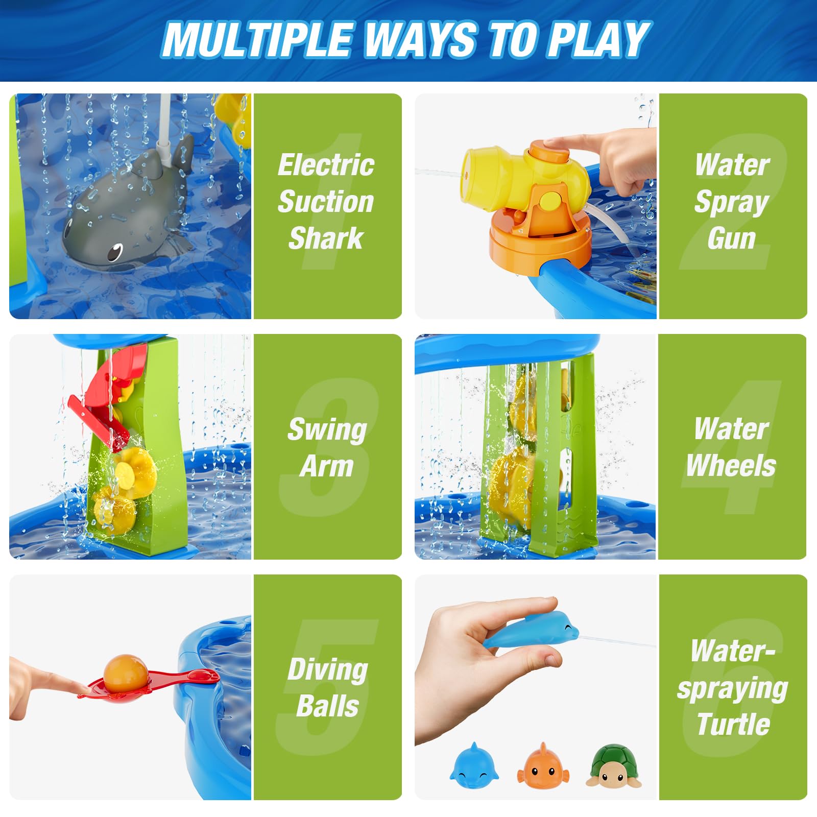 HYES 3-Tier Water Table for Toddlers 3-5 With Umbrella, Pump, Cover - Rain Showers Splash Pond for Outdoor Beach, Activity Sensory Play for Boys Girls