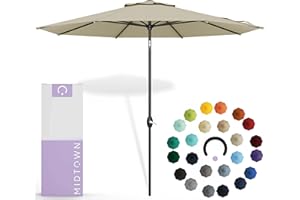 Midtown Umbrellas Sunbrella Umbrella 9 Feet Outdoor Umbrella With Sunbrella Antique Beige Acrylic Fabric - Auto-Tilt Aluminum Frame Patio Umbrella For Backyard, Deck, Garden, Pool - Black Pole