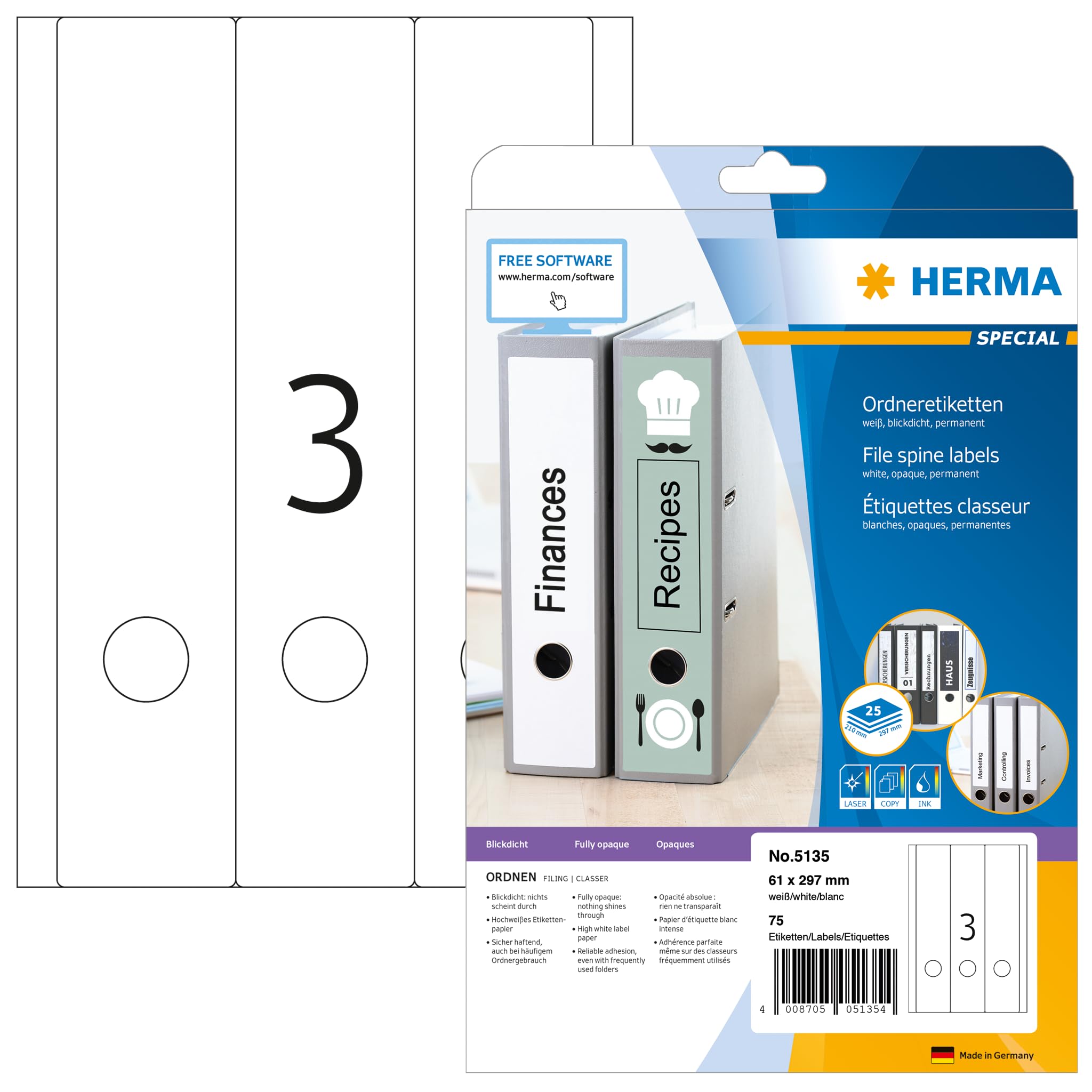 HERMA Self Adhesive Spine Labels, 3 Labels per A4 Sheet, 25 Sheets, 61 x 297 mm, 75 Labels, Blank Lever Arch File Folder Labels Stickers, Sticky Labels for Laser & Inkjet Printer, White