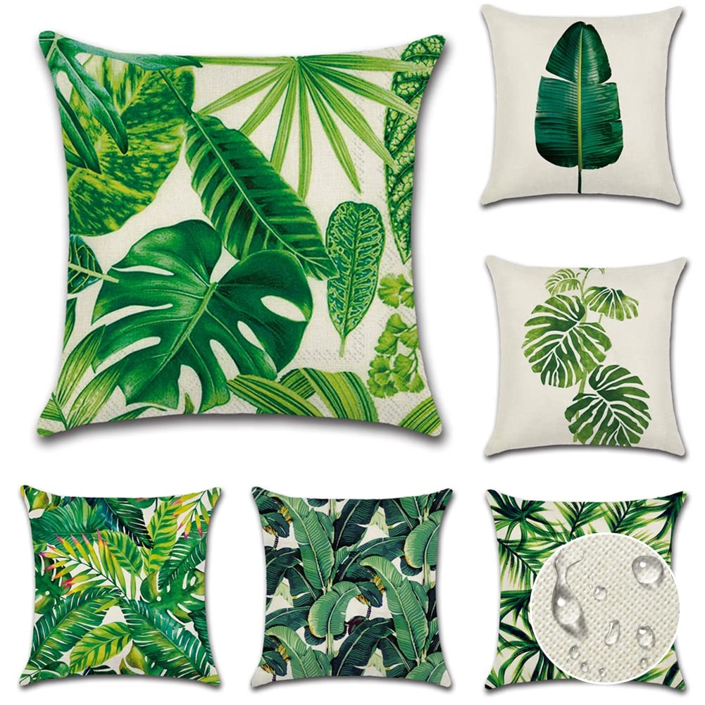 JOTOM Set of 6 Outdoor Cushion Covers 45x45 cm Waterproof Decorative Throw Pillow Covers Garden Patio Pillow Cases Outdoor Cushions Pillow Covers for Couch Bench Sofa Indoor Home Decor (Green Leaf)