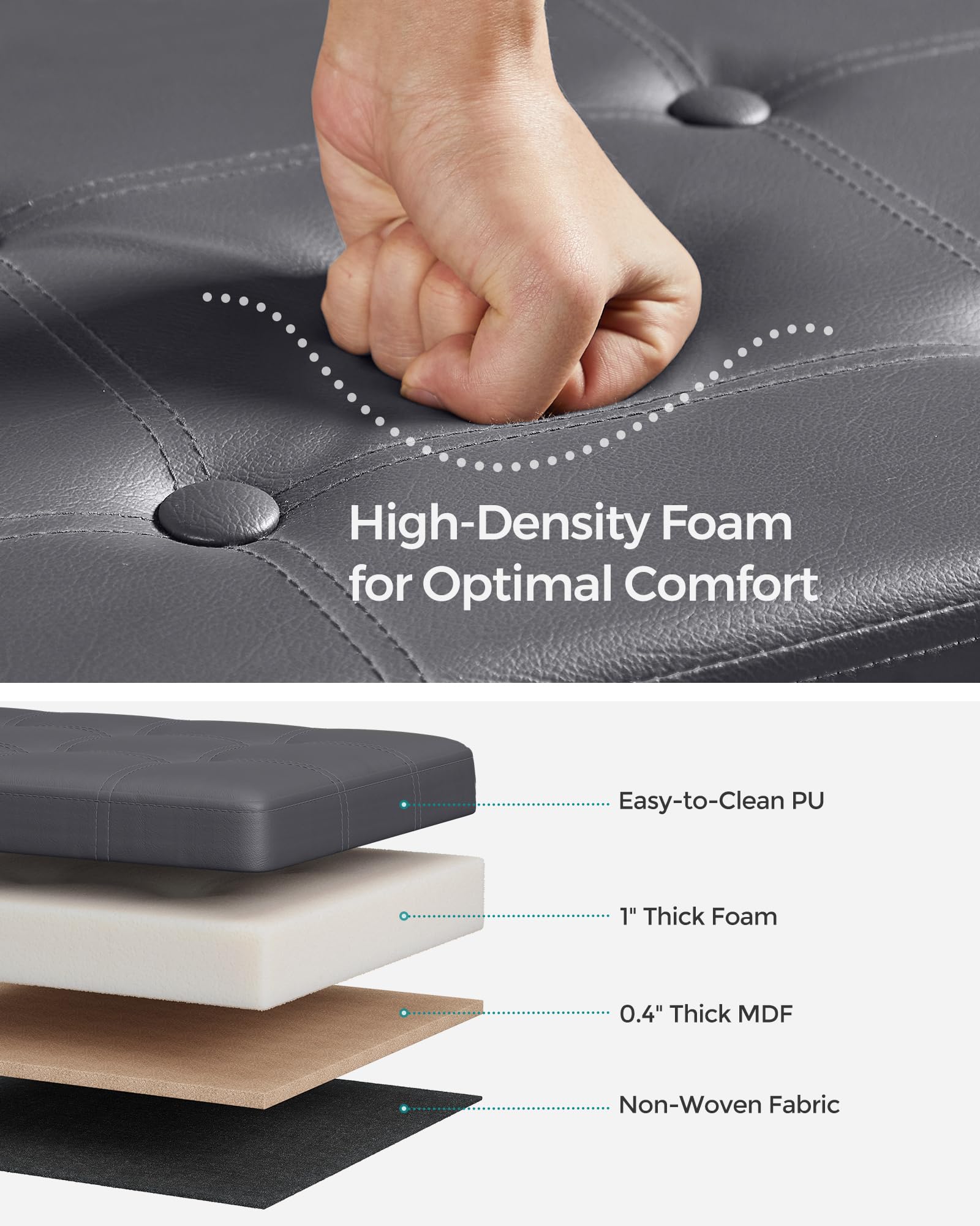 SONGMICS 30 Inches Folding Storage Ottoman Bench, Storage Chest, Footrest, Coffee Table, Padded Seat, Faux Leather, Holds up to 660 lb, Dark Gray ULSF040G01