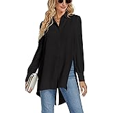 LYANER Women's Collar V Neck Split Hem Button Down Long Sleeve Long Shirt Blouse Tunic Top