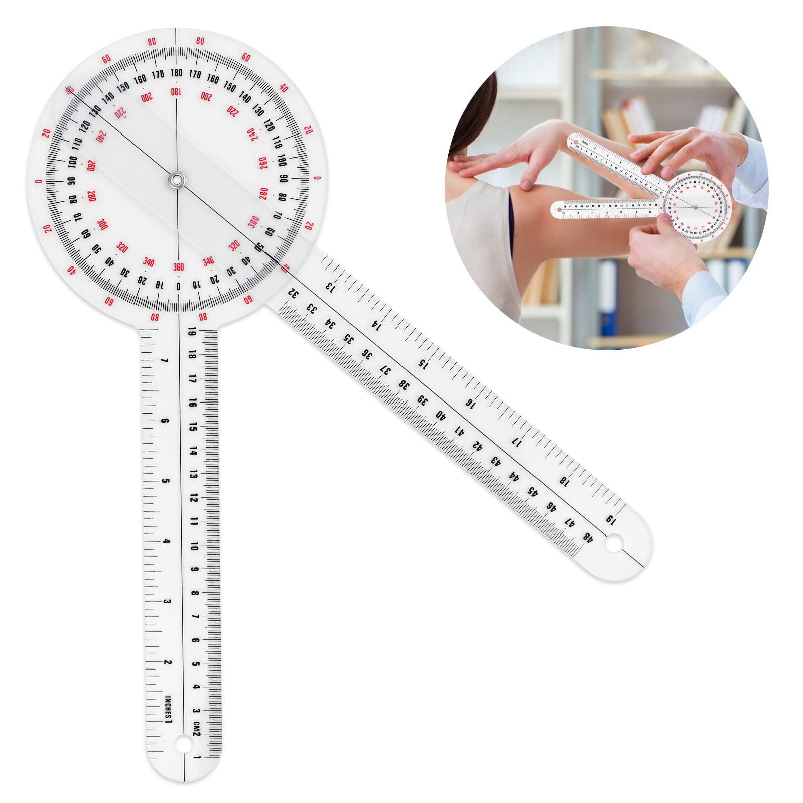 Photo 1 of Prasacco 12 Inch Goniometer, Transparent Orthopedic Angle Ruler Plastic Goniometer 360 Degree Goniometer Angle Protractor Goniometer for Body Measuring Tape Goniometer Protractor Ruler