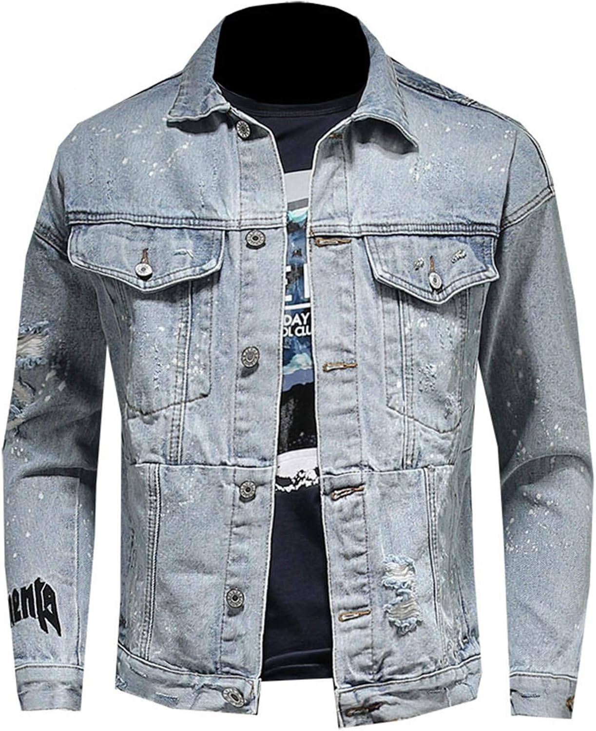 Letter Embroidery Men Denim Jacket Revers Slim Hole Denim Jacket