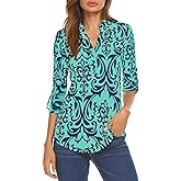 Halife Women's Roll Up 3/4 Sleeve Floral Print V Neck Tunic Blouses Tops Shirts