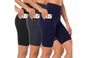3 Pack Biker Shorts for Women with Pockets - 8" High Waisted Athletic Shorts for Workout Running Yoga Tummy Control