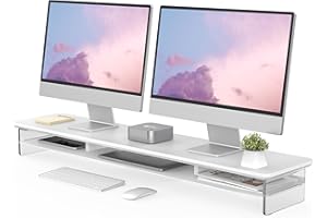 FENGE Acrylic Monitor Stand Riser, 42.5 Inch Dual Monitor Stand with Metal Storage Sehlf 2 Tier Acrylic Computer Riser for De