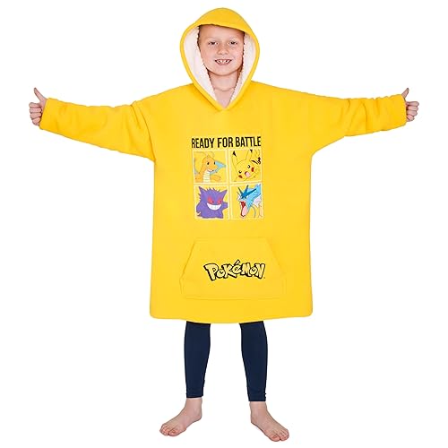 Pokemon Fleece Hoodie Blanket for Kids and Teenagers - One Size Oversized Hoodie With Sherpa Lining Gifts (Yellow)