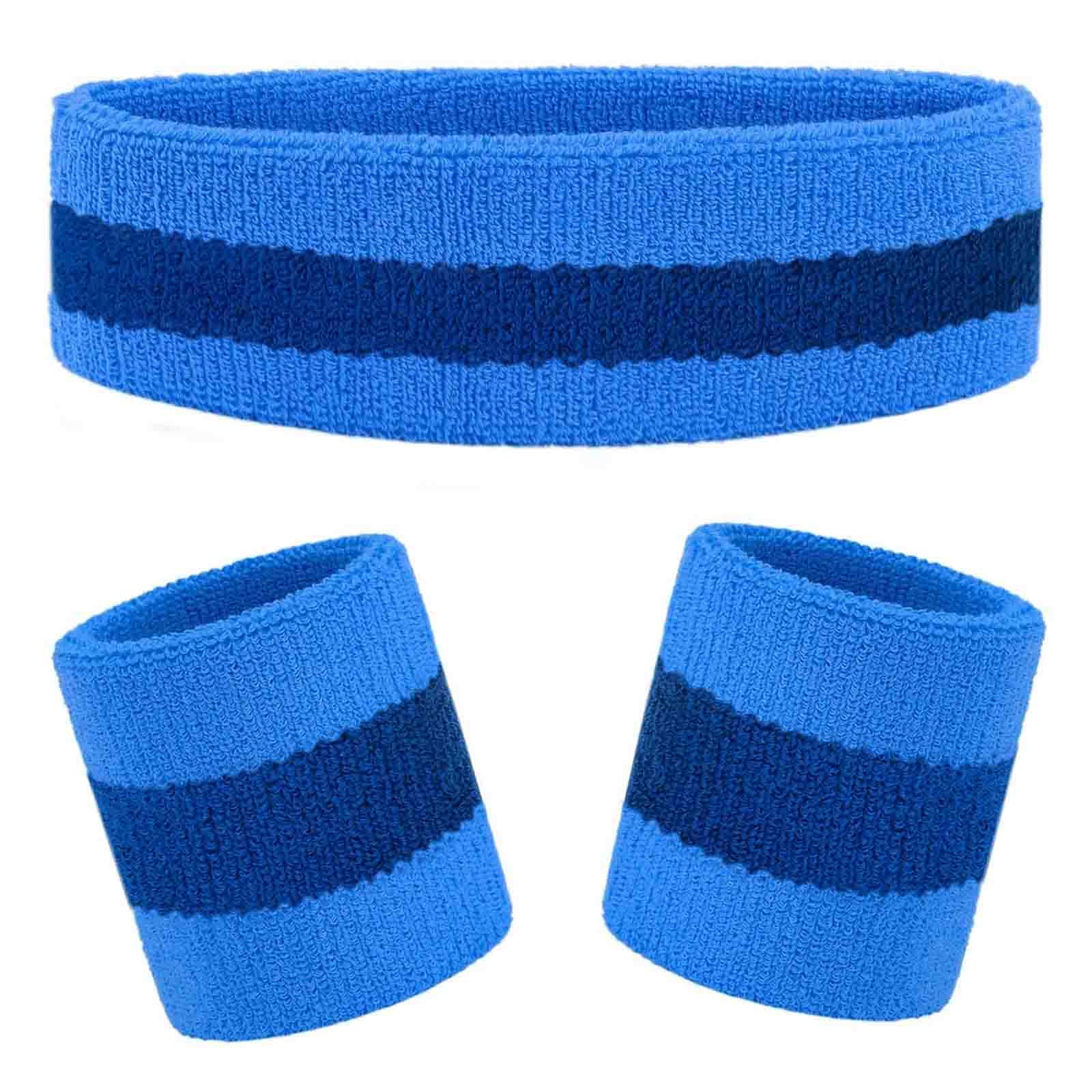 Kids Sweatbands Headband Wristband Set - Athletic Cotton Sweat Band for Sports - Ultimate Sweat-Absorbing 3-piece Set (1 Headband + 2 Wristbands) (Blue)