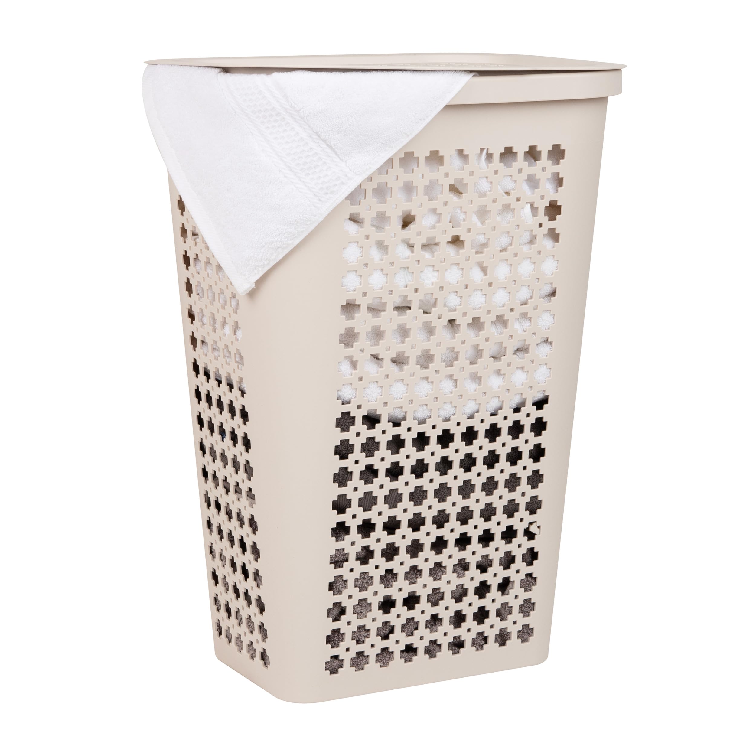 Photo 1 of Mind Reader Slim Tapered Laundry Hamper with Lid, Clothes Basket with Swiss Cross Cut-Outs, Lightweight & Ventilated, Plastic, 16.75"L x 12.75"W x 23"H, Ivory