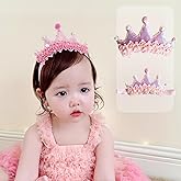 Rannyrena Lace Crown Hair Bow for Baby Girls Soft Tulle Elastic Headband Baby Shower Birthday Party Crown Hair Accessories for Newborn Infant Toddlers (Pink B, Adjustable)