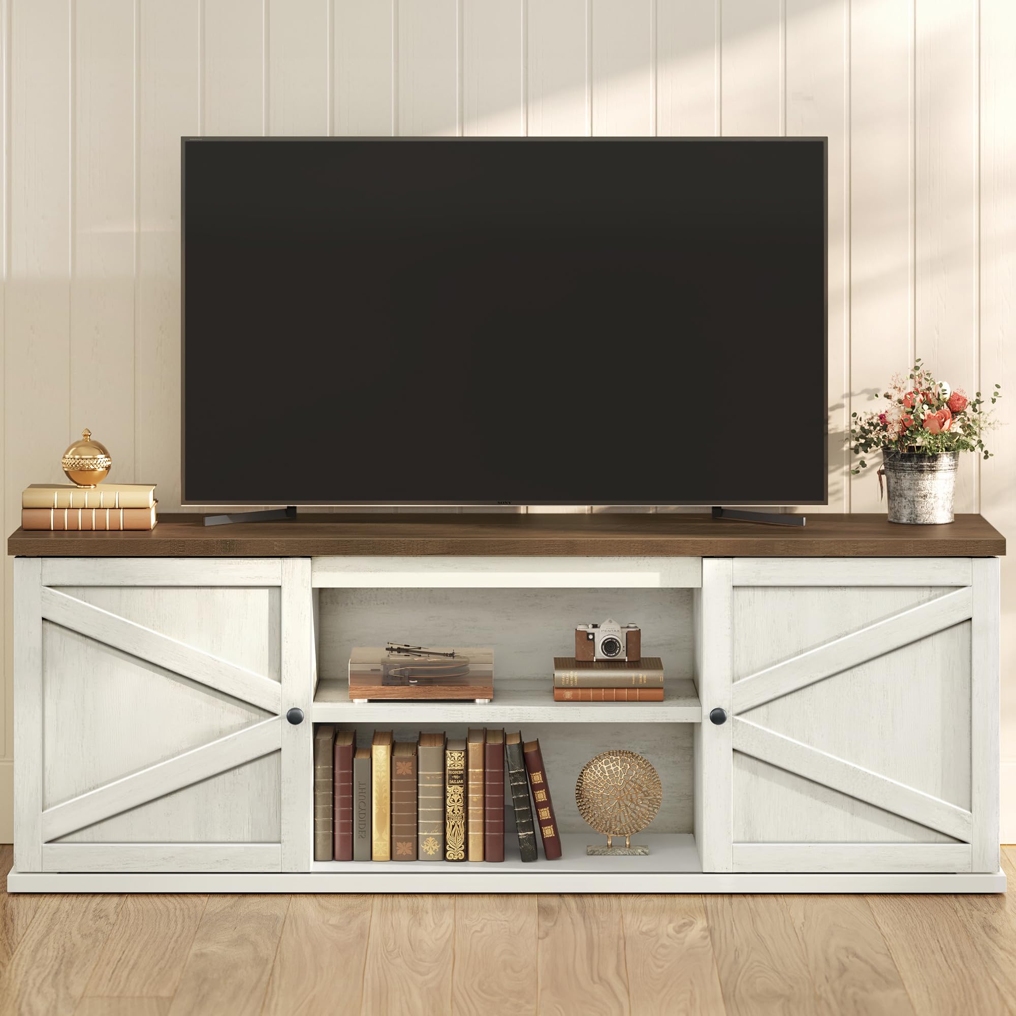 Photo 1 of VASAGLE Farmhouse TV Stand for TVs up to 80 Inches, Entertainment Center with Storage Cabinets and Sliding Barn Doors, Media Console Table for Living Room, Rustic White and Honey Brown ULTV537W01