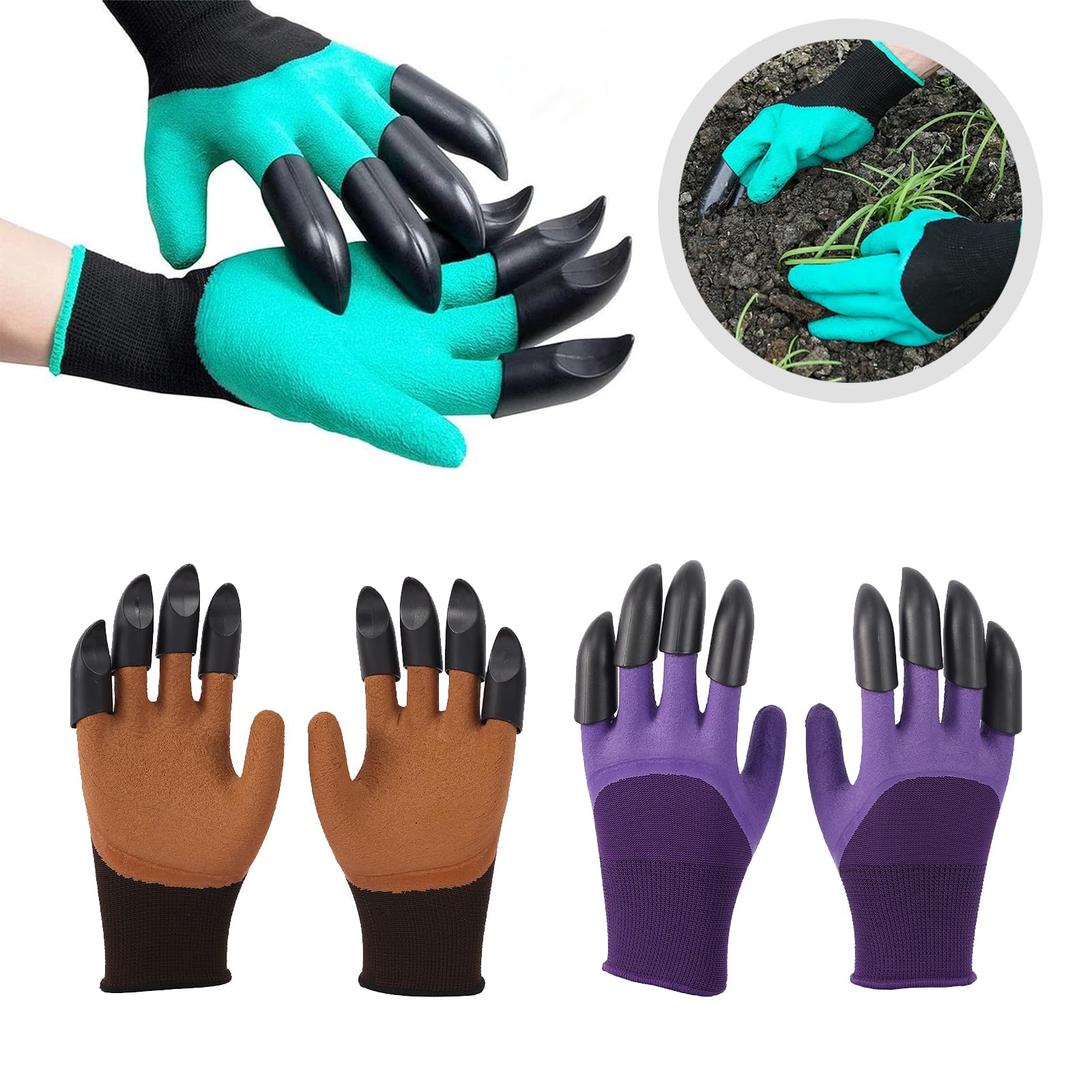 Gardening Gloves 8 Claws Gardening Gloves Claws Gardening Gloves with Claws Thorn Proof for Men and Women Protective Gloves Waterproof for Digging, Gardening (Green, Purple, Brown, 3 Pieces)