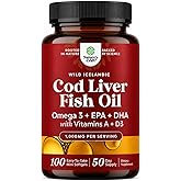 Icelandic Cod Liver Oil Softgels - Omega 3 Fish Oil with Vitamin A - 100 Ct | Wild Caught - Paired with EPA , DHA &amp; D3 - Healthy Heart, Brain &amp; Immune Support - 1000 mg Per Serving - 50 Burpless Servings