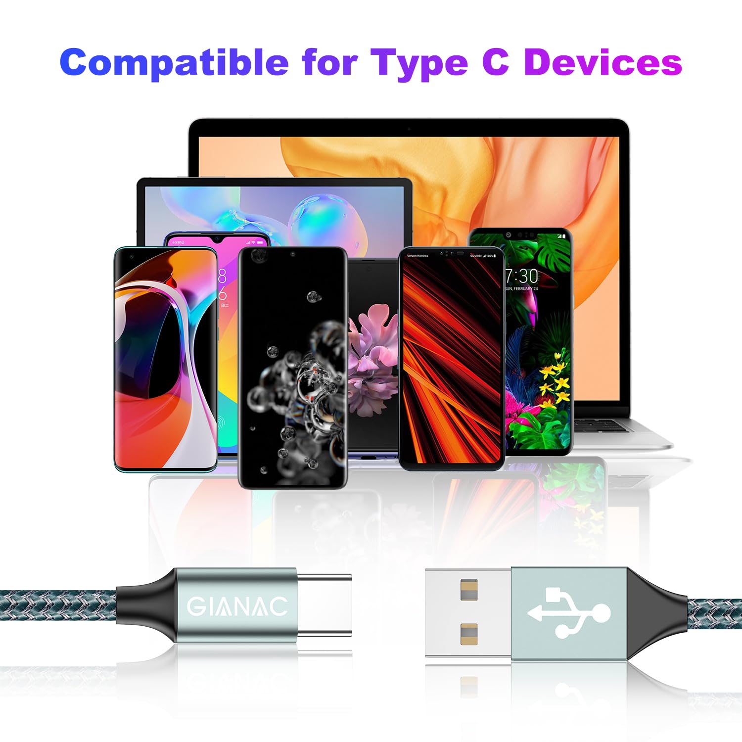 GIANAC USB C Kabel, [2 Stück 2m] 3.1A ladekabel USB C Schnellladung und Synchronisierungskabel USB C für Samsung S10/S9/S8te 10te 9, Huawei P30/P20/Mate 20, Sony Xperia 7