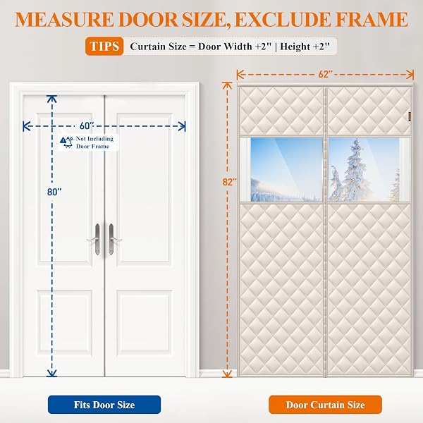 MAGZO MAGNETIC DOOR DRAFT STOPPER CURTAIN WITH PERSPECTIVE WINDOW, 60″ X 80″, MADE OF OXFORD&COTTON, SCREEN INSULATION COVER BLANKET FOR WINTER/WIDE FRENCH PATIO DOORS, KEEP WARM IN WINTER, BEIGE