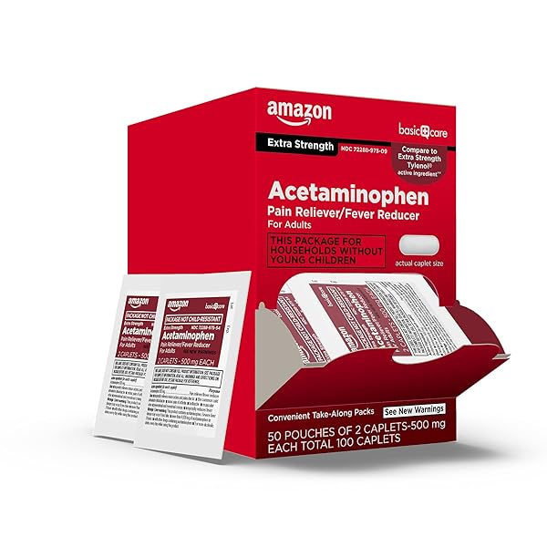 AMAZON BASIC CARE EXTRA STRENGTH ACETAMINOPHEN CAPLETS 500 MG, PAIN RELIEVER AND FEVER REDUCER, GENTLE ON STOMACH, FOR ARTHRITIS PAIN, BACKACHE PAIN AND MORE, 50 PACKETS OF 2 CAPSULES EACH, 100 COUNT