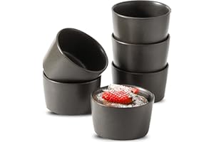 Tikooere Ramekins 6 oz, Oven Safe Soufflé Dishes for Creme Brulee, Souffle, Pudding, Lava Cake, Stoneware Custard Cups for Baking, Ceramic Sauce Bowls Set of 6, Kitchen Decor Gift, Matte Black