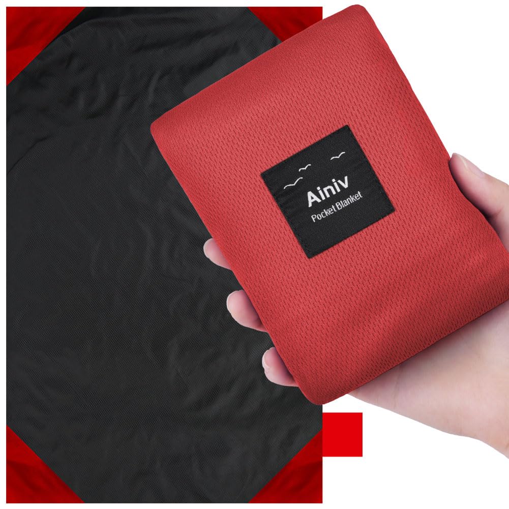 Ainiv Picnic Blanket, Mini Pocket Beach Mat 200 x 210 cm (5-8 People) Foldable, Lightweight Waterproof Sand Free, Foldable Thin Ground Sheet for Outdoor Camping Hiking Travel - Red