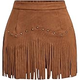 SweatyRocks Women's Suede Fringe Sexy Cowgirl Skirts Country Concert Outfit Western High Waisted Skirt