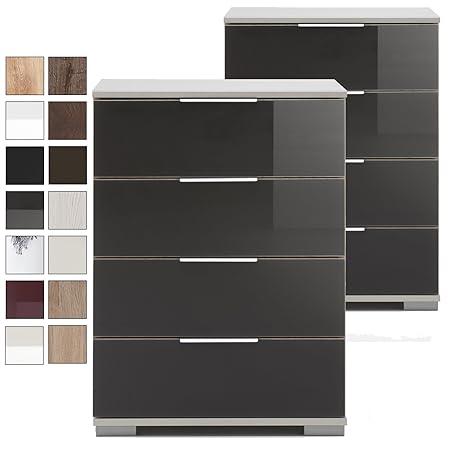 e-combuy Möbel | 2er Set Nachtschrank NIGO, 3 Schubladen, Höhe 74 cm, Nachtkonsole für Boxspringbett, Glas-Front grau, weiß