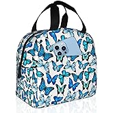 Insulated Lunch Bag Box for Women with Blue Butterfly Print Cooler Thermal Waterproof Reusable Tote Bag with Big Pocket for Work Office Picnic College