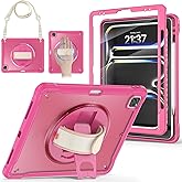 BRAECNstock case for iPad Air 13 Inch(M3/M2) 2025/2024 & Pro 12.9 inch 6th/5th/4th/3rd Generation 2022/2021/2020/2018 Cover with Screen Protector,Pencil Holder,360°Rotate Stand,Rose Red