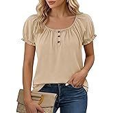 Tankaneo Womens Short Sleeve Shirts Puff Ruffle Sleeve Scoop Neck Pleated Tops Summer Casual Loose Fit Henley Shirt