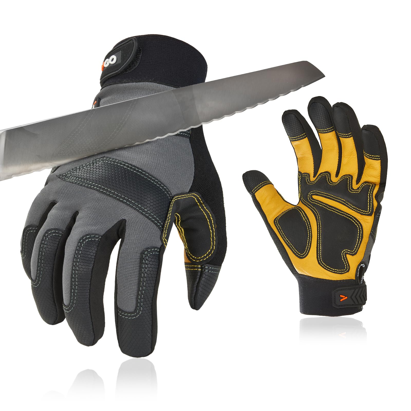 Vgo... Cut Resistant Gloves,Safety leather Work Gloves,Mechanic Gloves,HPPE Anti-cut Liner,Hand Protection,EN388 level C, ANSI level A3(CA9777CT,Gray,XL,1Pair)
