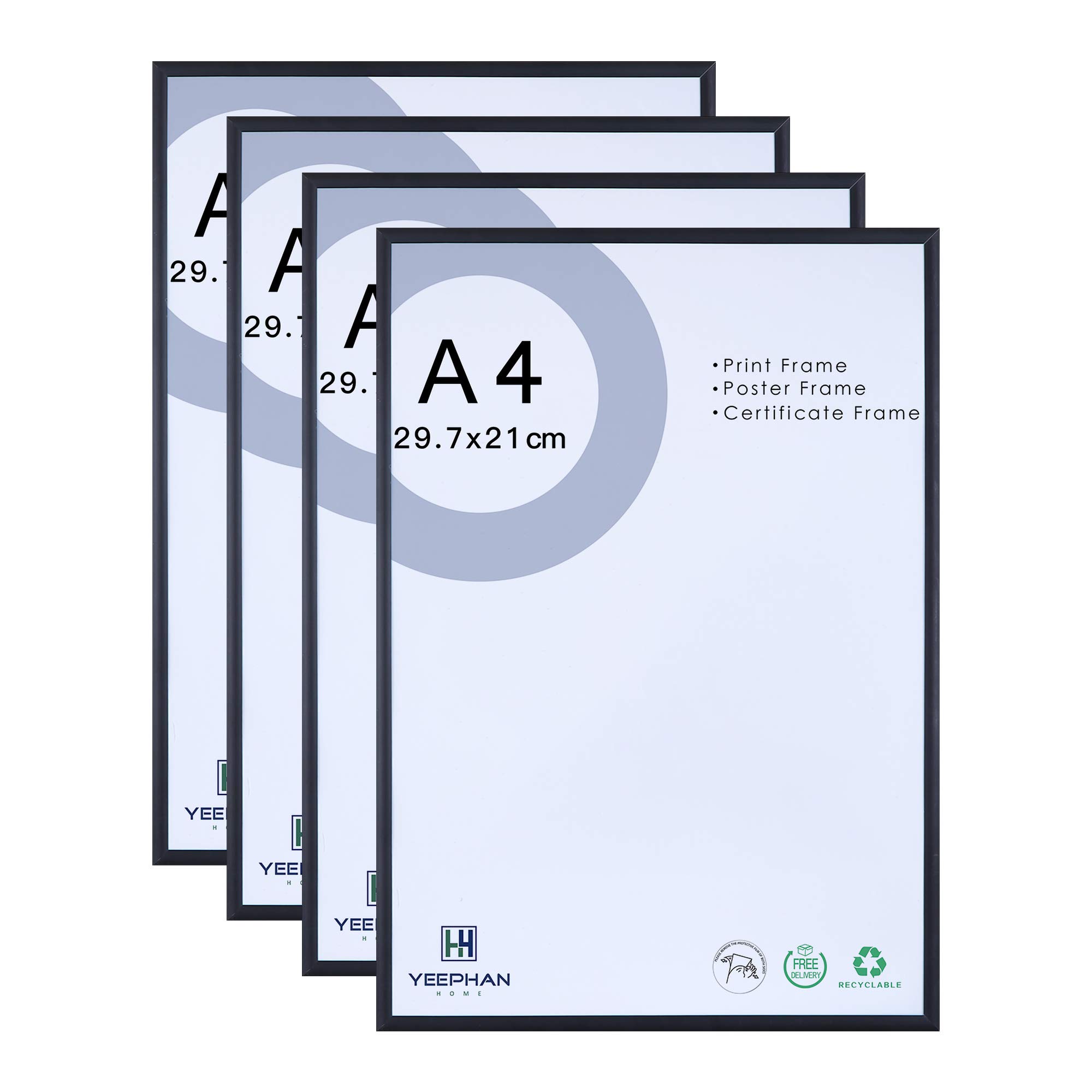 A4 Certificate Photo Frame - 21 x 30 CM Aluminum Black Picture Frames with Perspex Safety Glass front, Freestanding and Wall Mountable Pack of 4