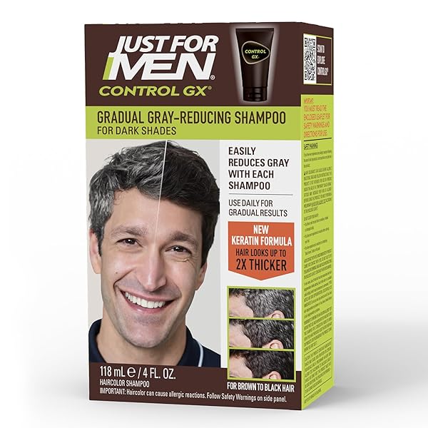 JUST FOR MEN CONTROL GX GREY REDUCING SHAMPOO, GRADUAL HAIR COLOR FOR STRONGER AND HEALTHIER HAIR, 4 FL OZ – PACK OF 1 (PACKAGING MAY VARY)