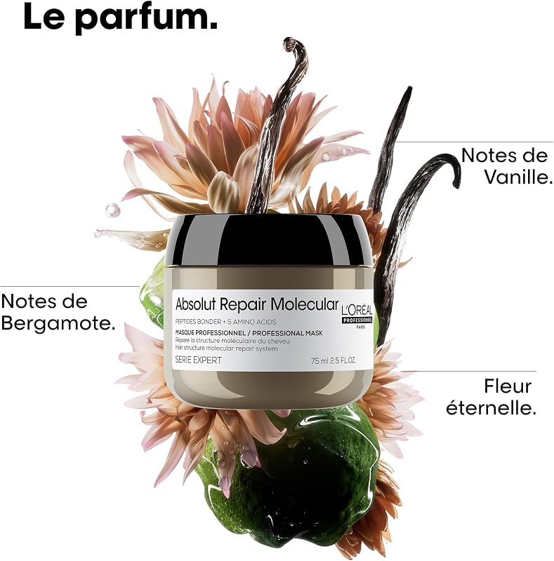 L'OREAL PROFESSIONNEL - Masque Réparateur Concentré Absolut Repair Molecular - Répare 2 Ans de Dommages en Une Application - Force +94% - Douceur +85% - Cheveux Secs & Abîmés - 75 ml