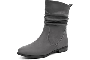 VJH confort Women's Mid Calf Boots, Almond Round Toe Low Heel Comfort Dress Slouchy Booties