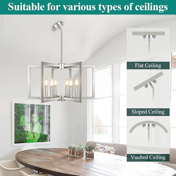 6-LIGHT BRUSHED NICKEL CHANDELIER, FARMHOUSE DINING ROOM LIGHT FIXTURE, MODERN CHANDELIER, GEOMETRIC INDUSTRIAL METAL HANG LIGHTING FIXTURE FOR FOYER ENTRYWAY KITCHEN OVER TABLE HALLWAY LIVING ROOM