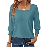 GKBK Womens 3/4 Sleeve Shirts Square Neck Dressy Casual Blouses Spring Summer Smocked Cuffs Tops