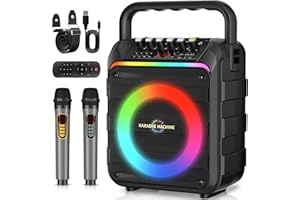 FOLVERAN Karaoke Machine with 2 Wireless Microphones, Portable Bluetooth Speaker with Bass/Treble Adjustment, PA System with Remote Control, LED Light, Support REC/FM/AUX/USB/TF for Home Party