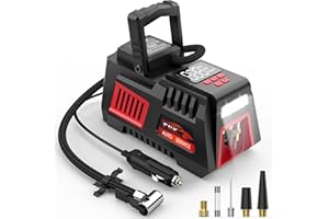 FBK Portable Tire Inflator Digital Air Compressor 12V DC Tire Air Pump Car Accessories with Auto Shut-Off Function, Emergency LED Light, Carrying Case, Set of Nozzle Adaptors for Car, Motorcycle, Bicycle