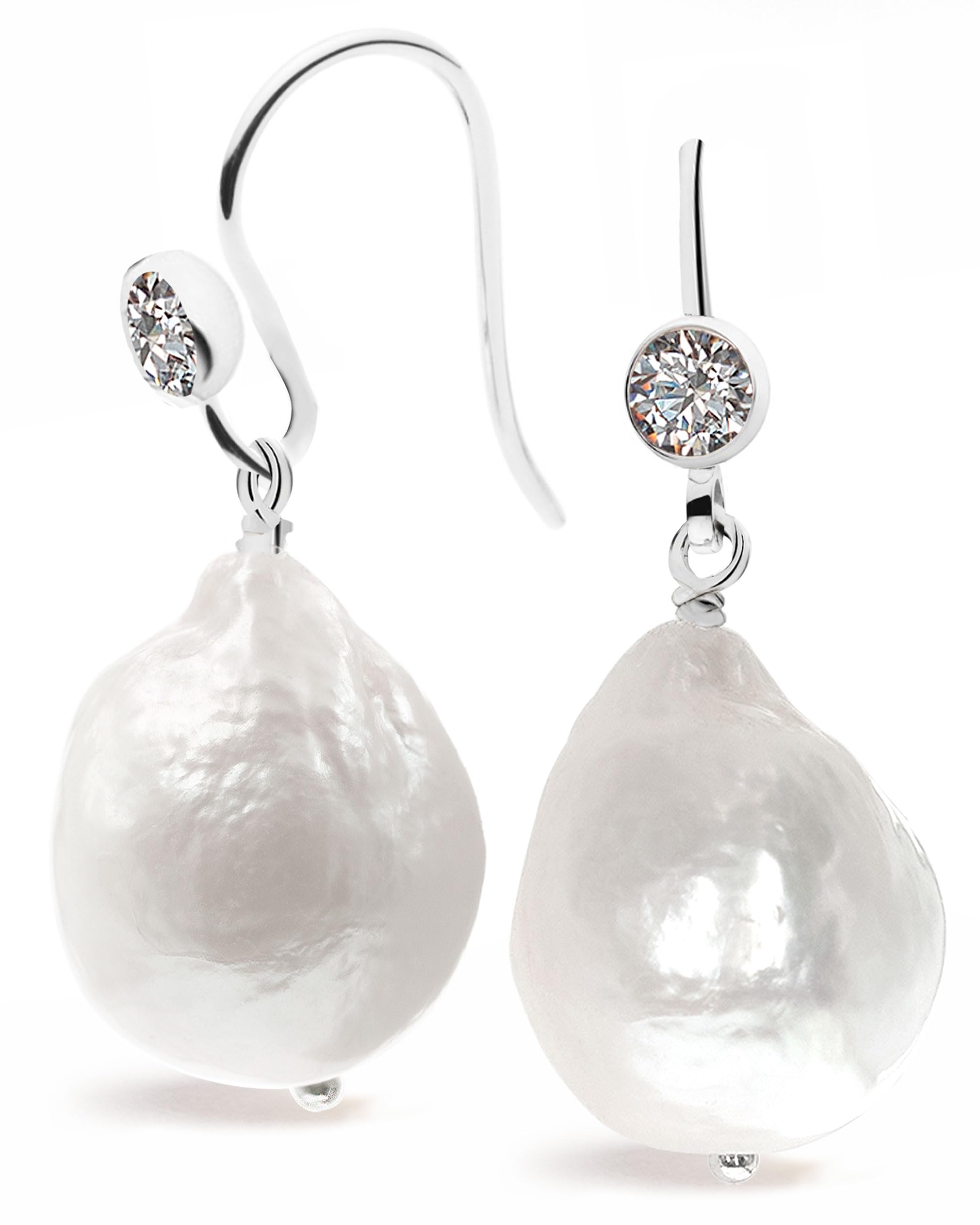 Women Pearl Earrings Freshwater Cultured Pearls Baroque Edison Shape 13 to 13.5 mm with Zirconia SECRET & YOU | Rhodium-plated Sterling Silver of 925.